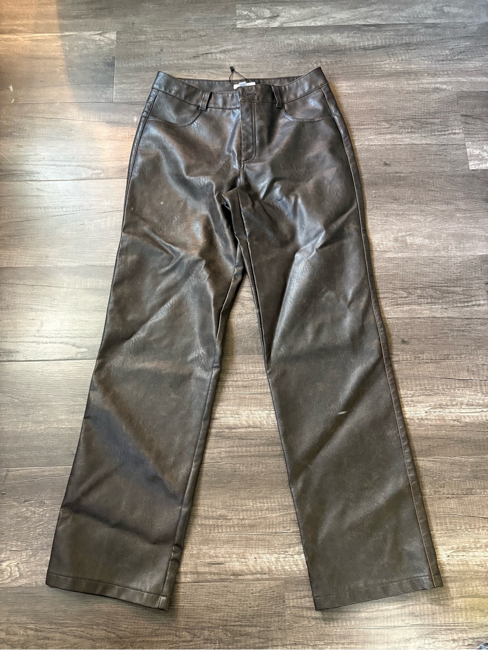 Garage Faux Leather Straight Leg Pants Distressed Dark Brown